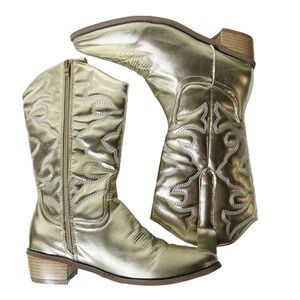 NEW‎ Gold Metallic Vegan Cowboy Boots Western Mid Calf Side Zipper Womens Size 7